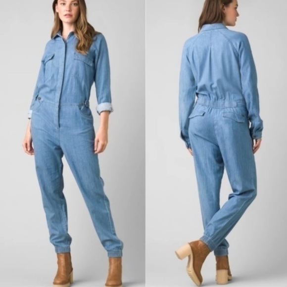 Prana Pants - Prana Penderbrook Chambray Denim Washed Blue Boilersuit Utility Jumpsuit Medium
